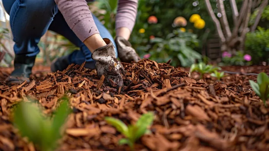 Freshly applied shredded bark mulch in a North Idaho planting bed by LandscapePros